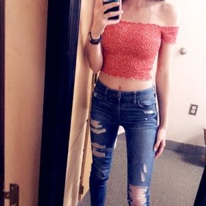 Off the shoulder scrunchie material crop top